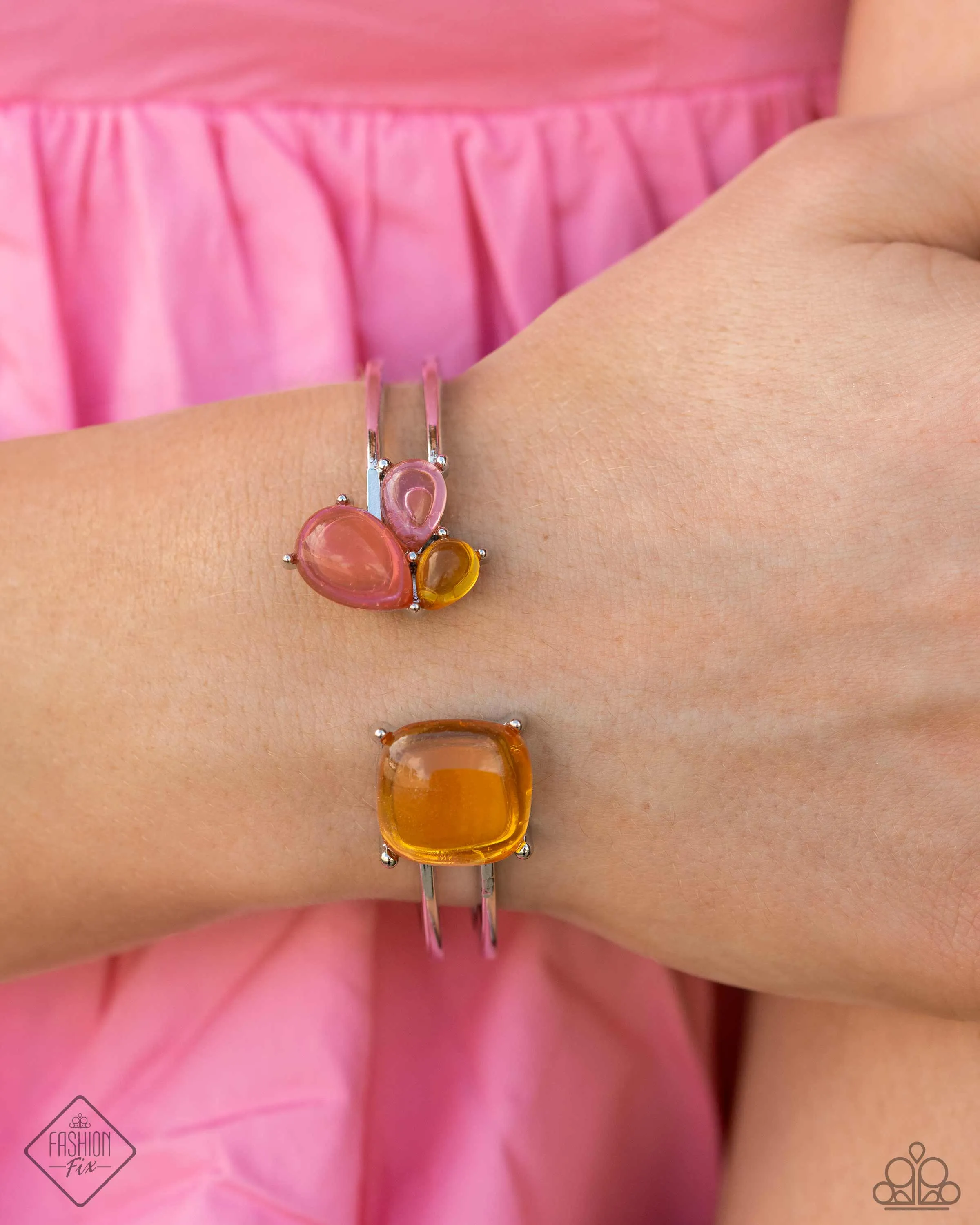 Reflective Recognition - Multi - Pink, Orange, and Yellow Bead Paparazzi Hinge Bracelet - April 2024 Glimpses of Malibu