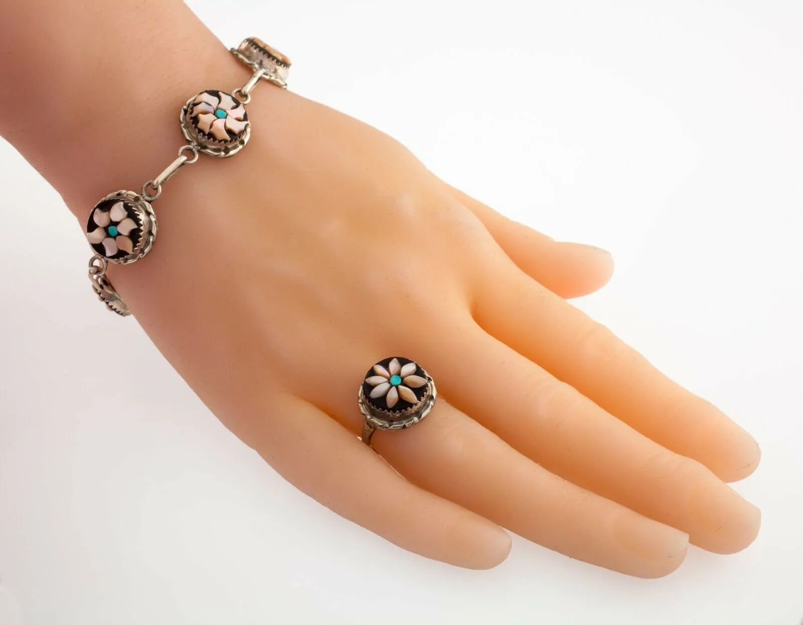 Rose Calavaza Zuni Pink Shell, Jet, Turquoise Bracelet and Matching Ring set