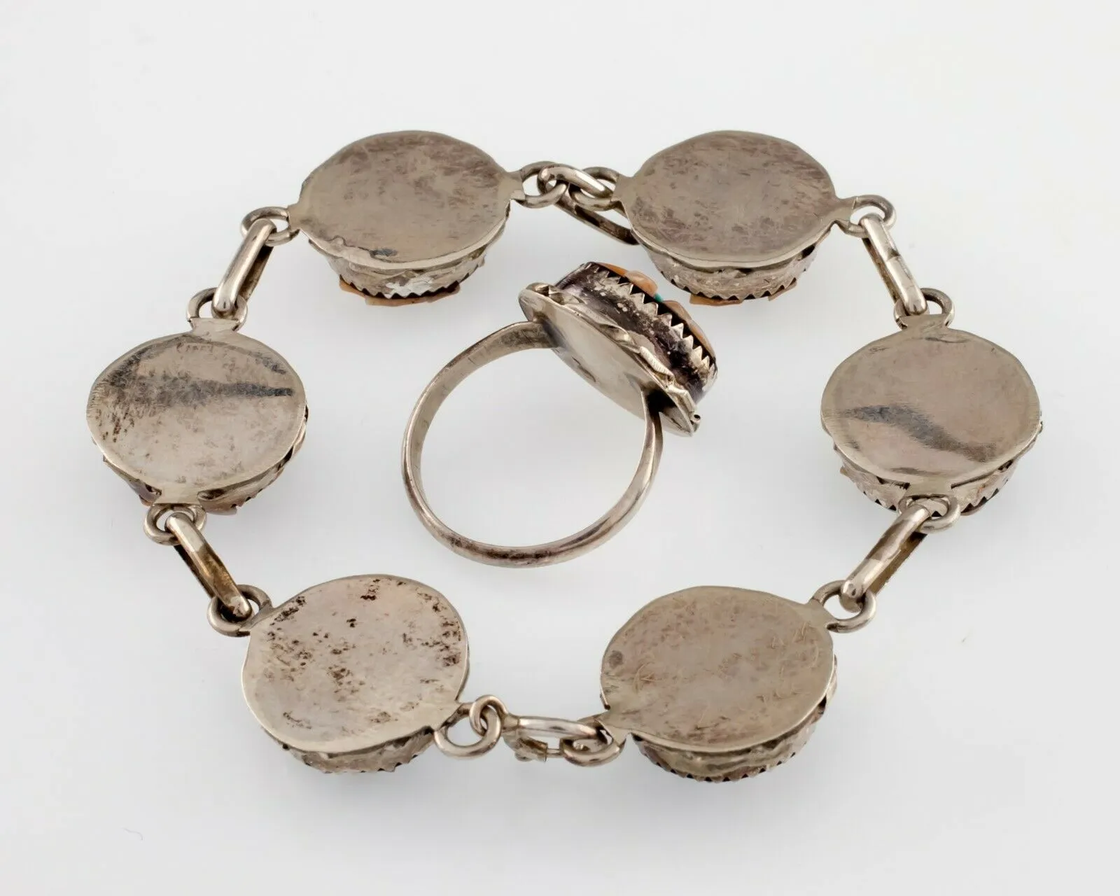Rose Calavaza Zuni Pink Shell, Jet, Turquoise Bracelet and Matching Ring set