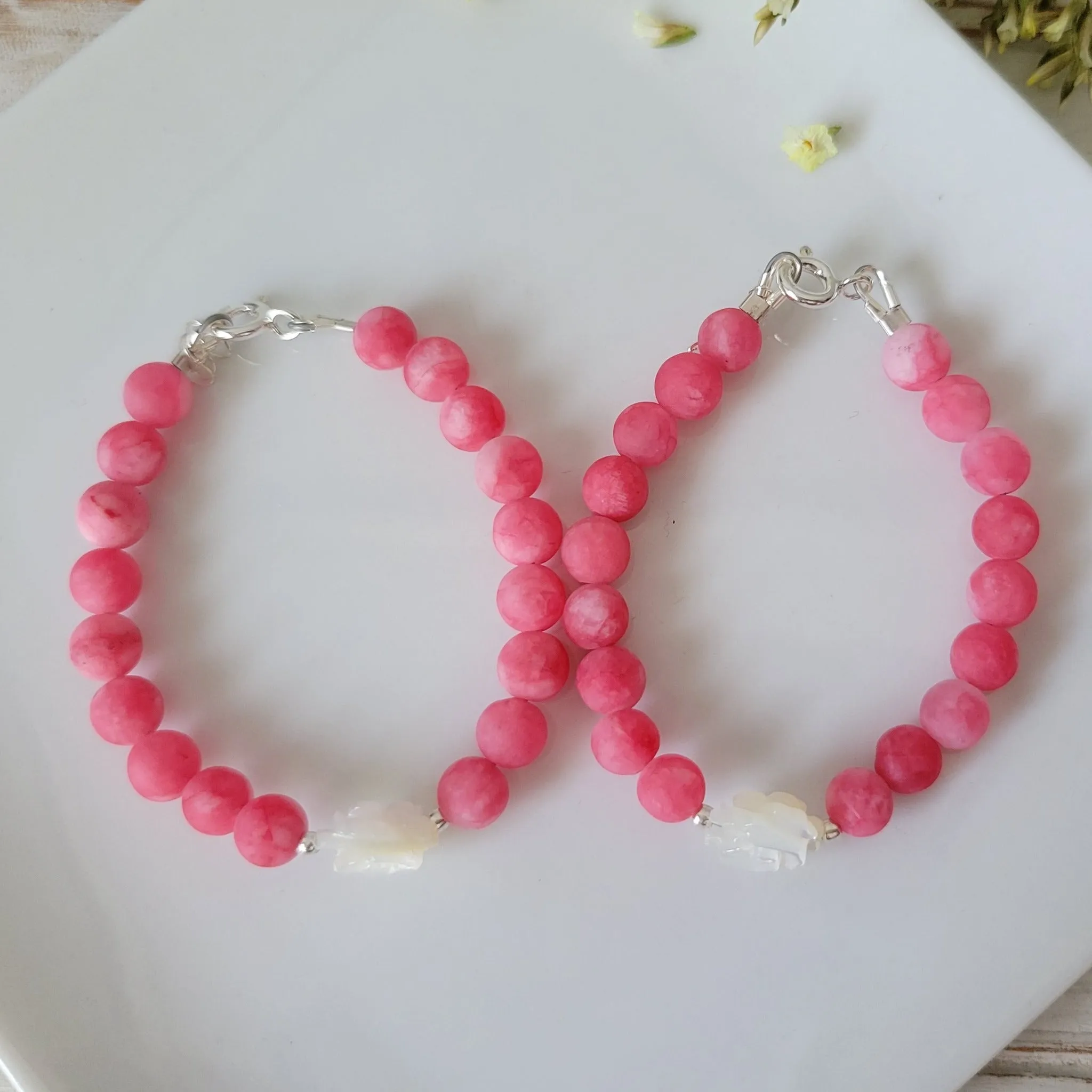 Rose Flower Natural Stone Bead Bracelet - 1 Bracelet - Multiple Color Choices