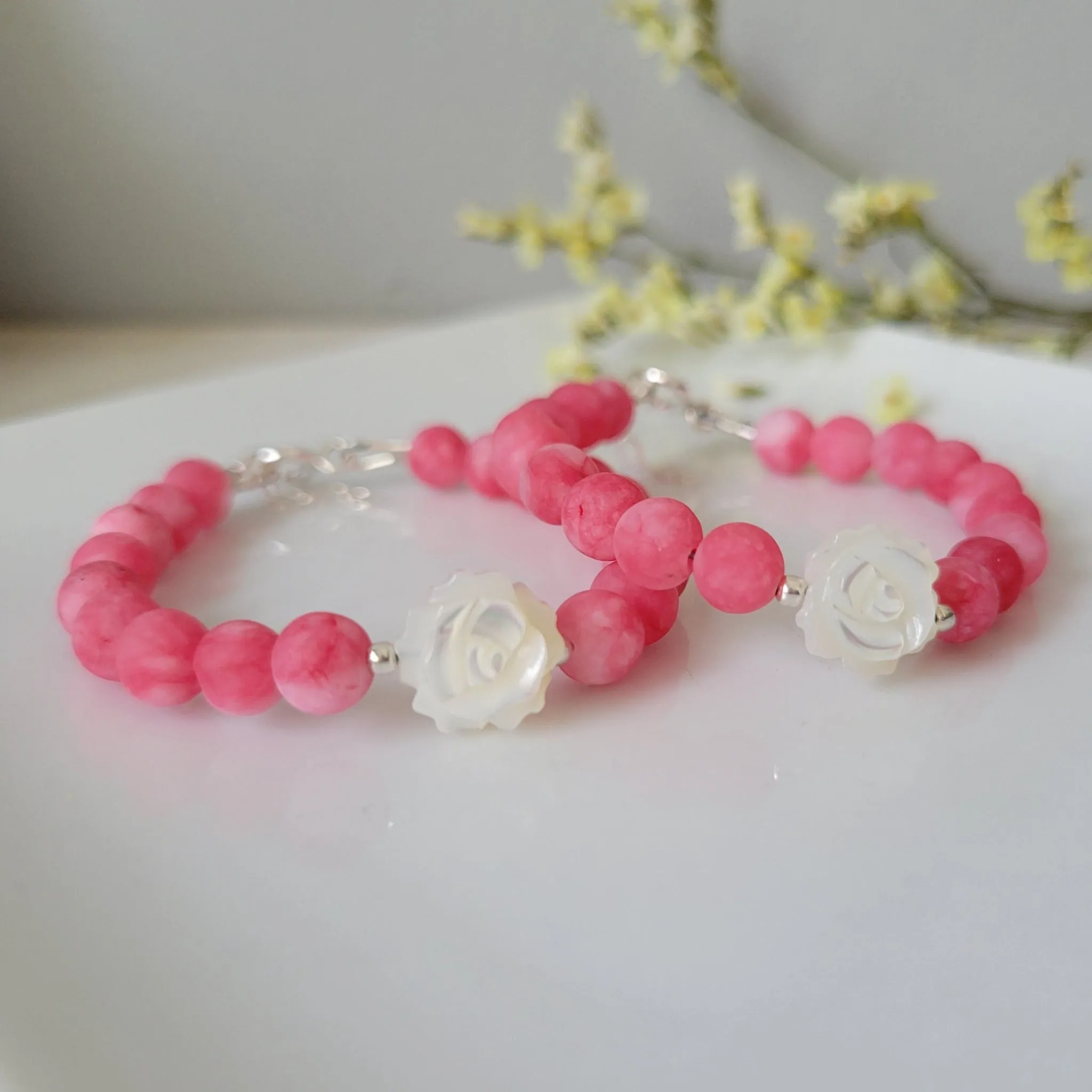 Rose Flower Natural Stone Bead Bracelet - 1 Bracelet - Multiple Color Choices
