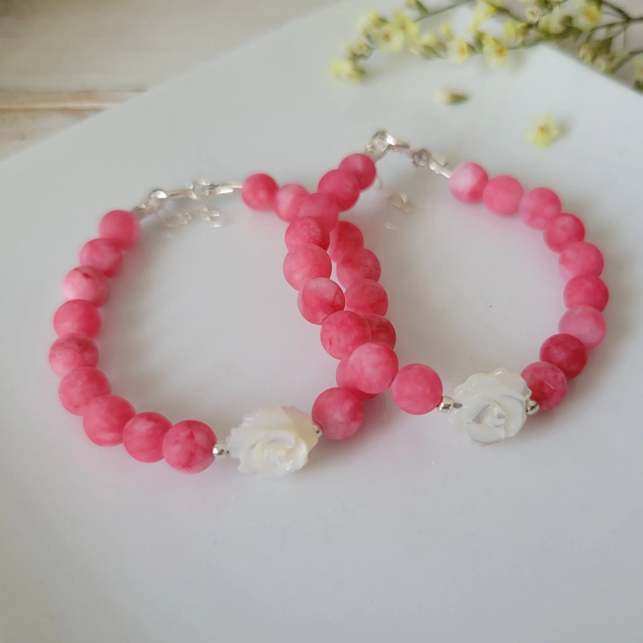 Rose Flower Natural Stone Bead Bracelet - 1 Bracelet - Multiple Color Choices