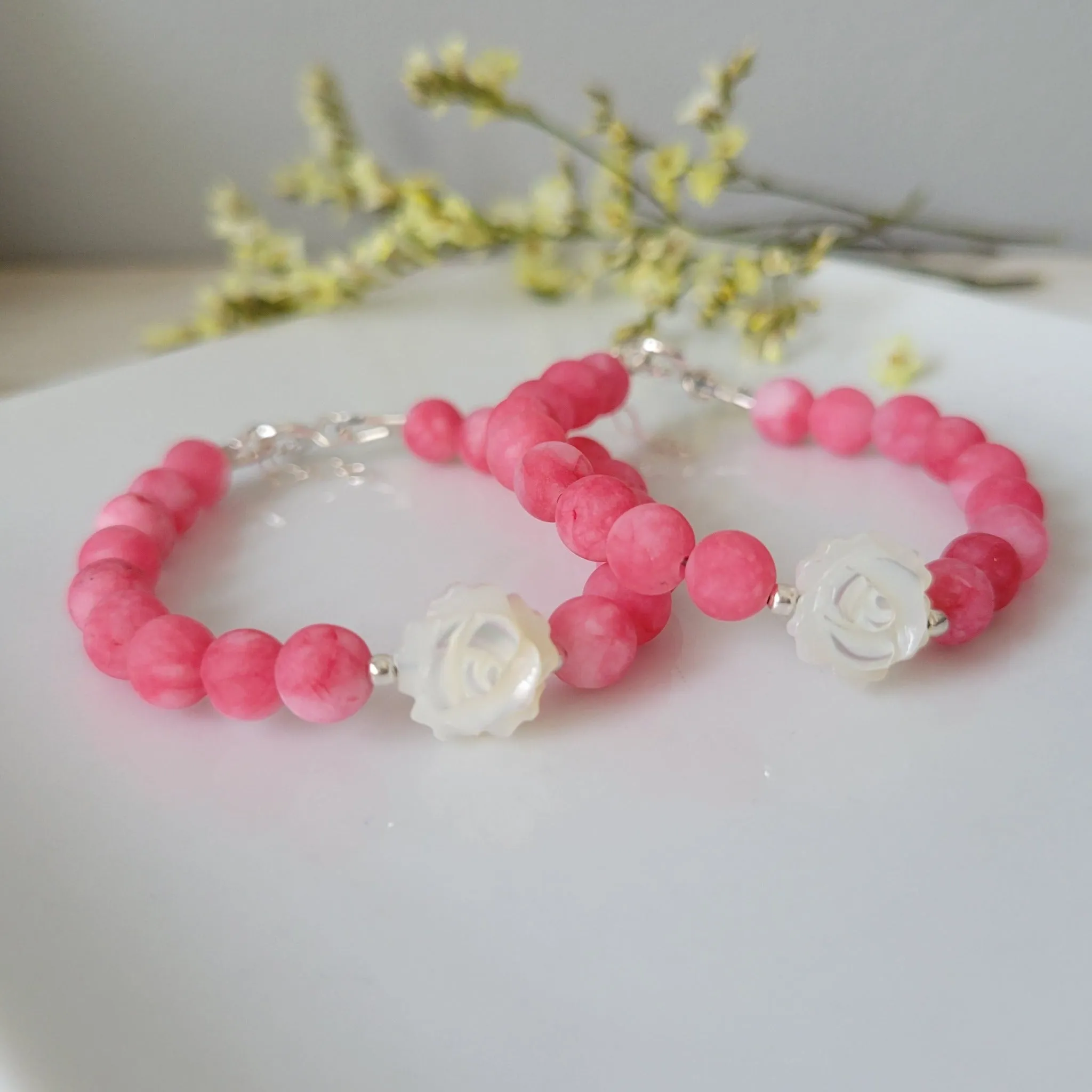 Rose Flower Natural Stone Bead Bracelet - 1 Bracelet - Multiple Color Choices