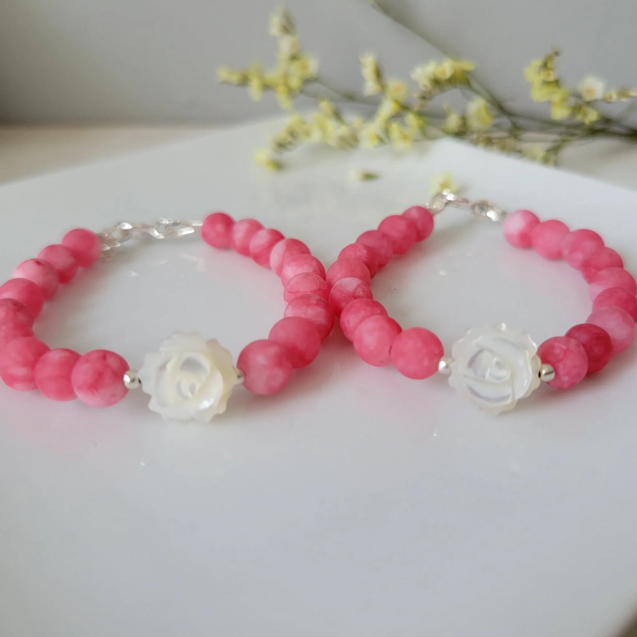 Rose Flower Natural Stone Bead Bracelet - 1 Bracelet - Multiple Color Choices