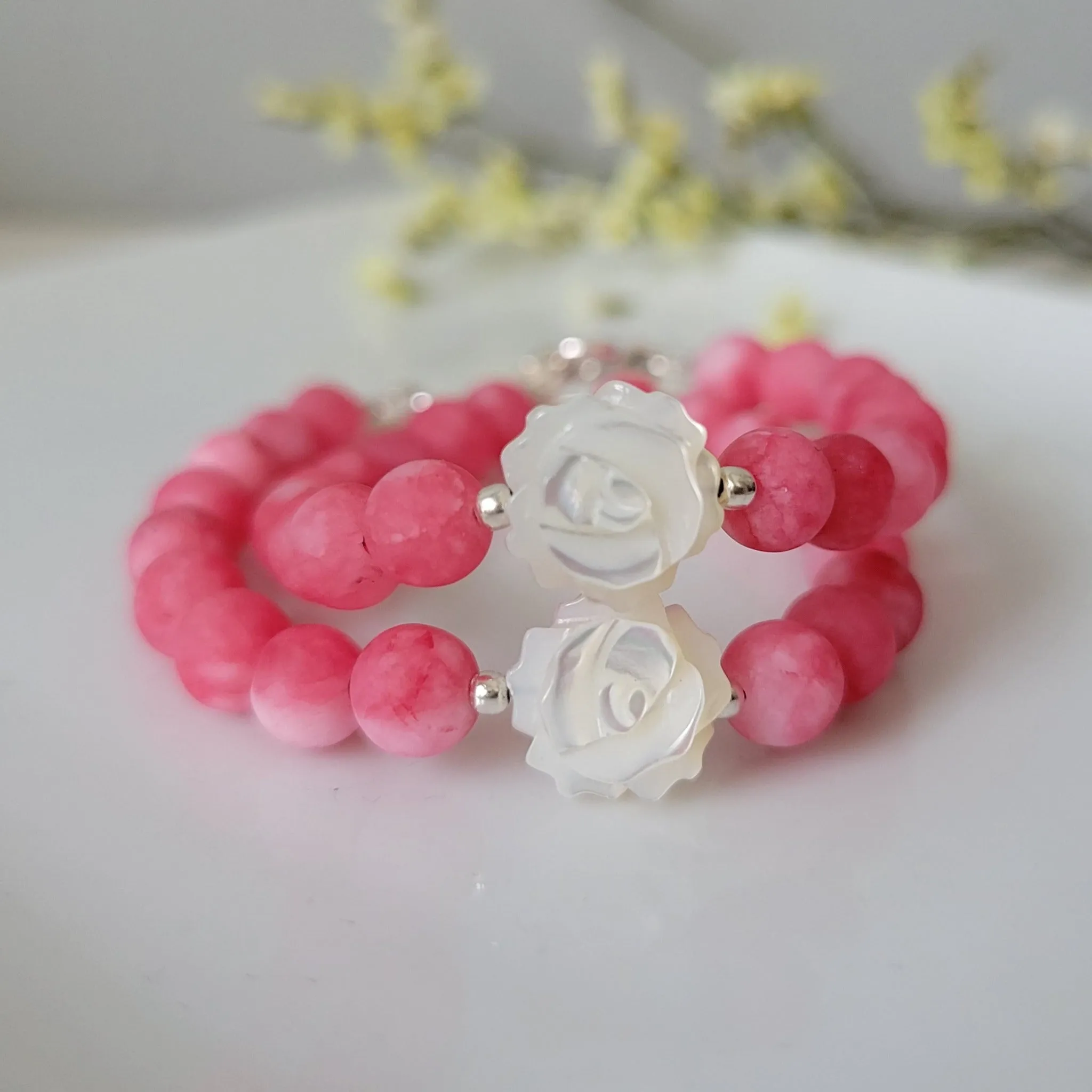 Rose Flower Natural Stone Bead Bracelet - 1 Bracelet - Multiple Color Choices