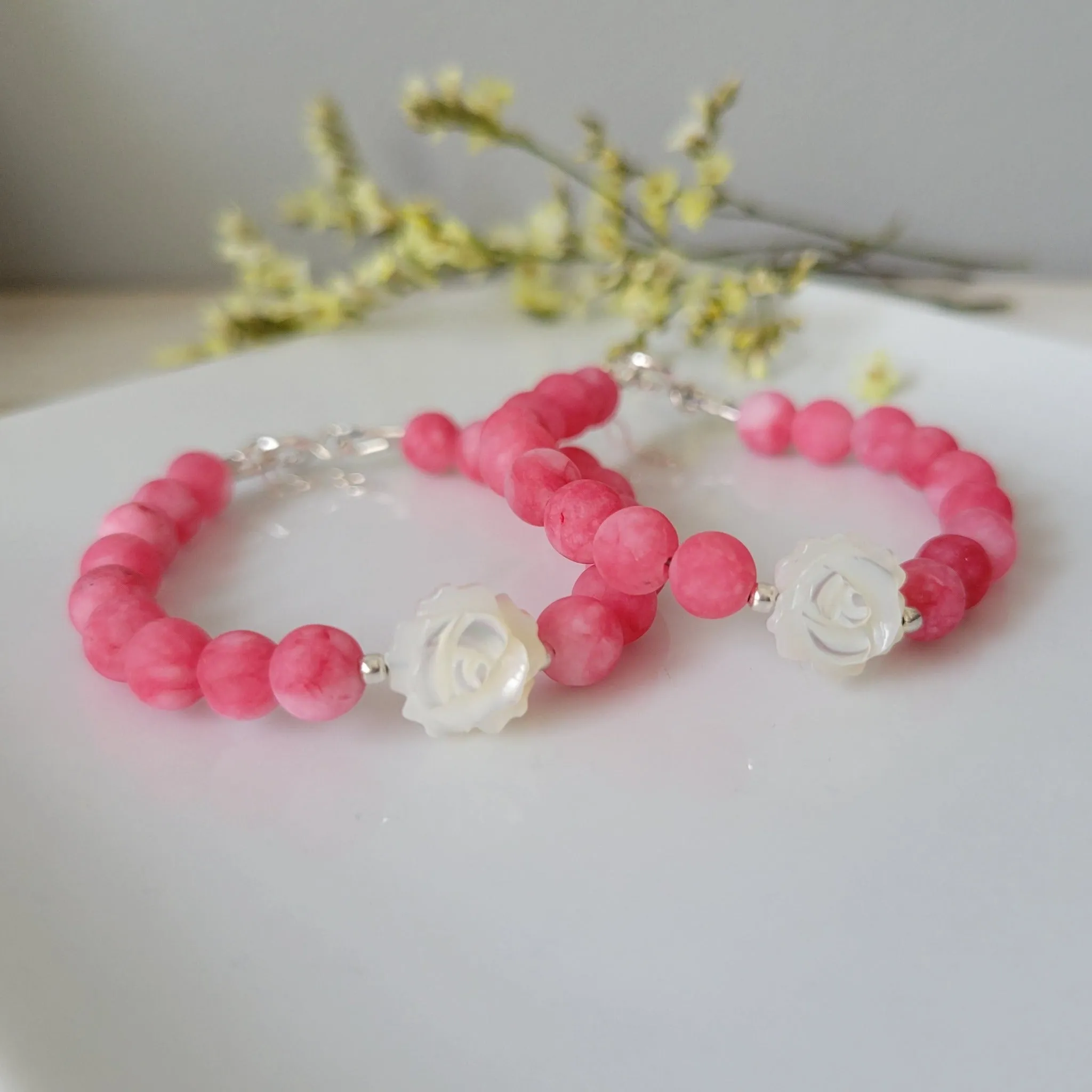 Rose Flower Natural Stone Bead Bracelet - 1 Bracelet - Multiple Color Choices