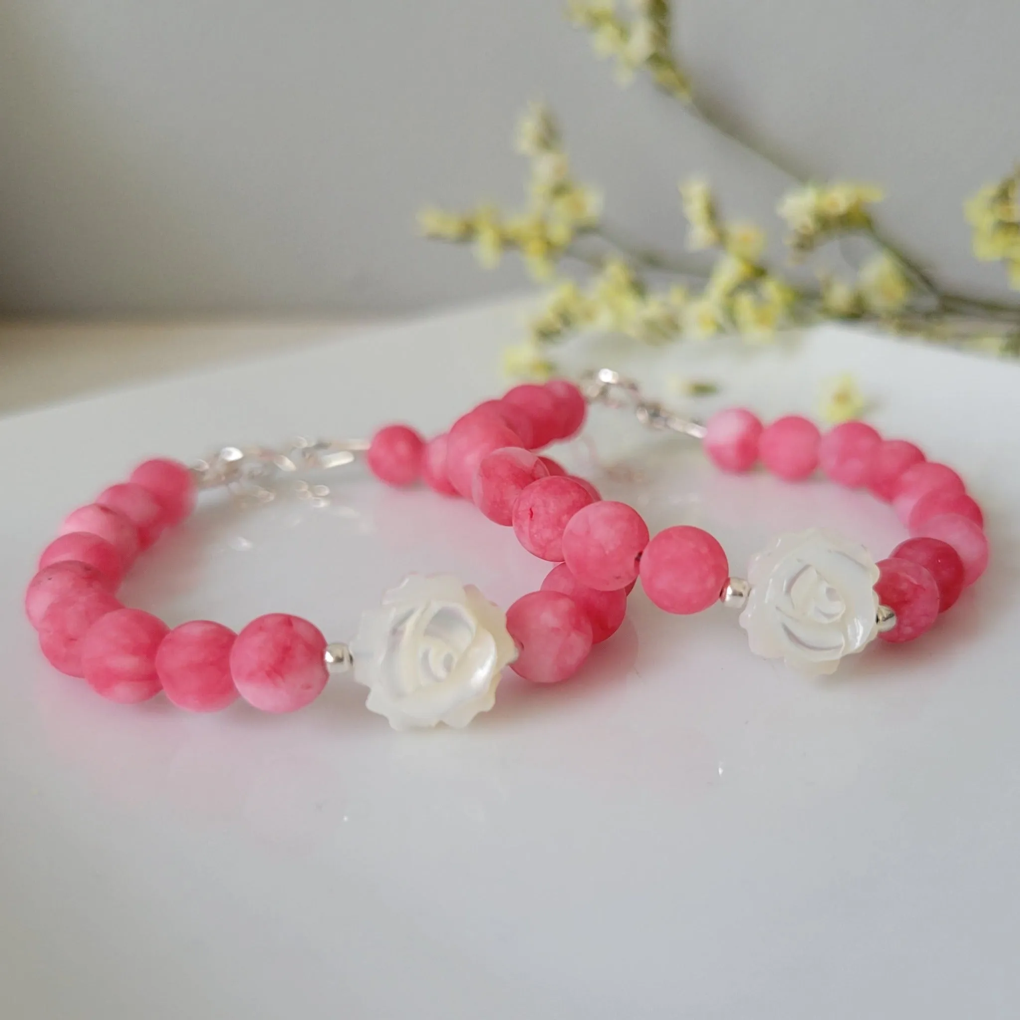 Rose Flower Natural Stone Bead Bracelet - 1 Bracelet - Multiple Color Choices