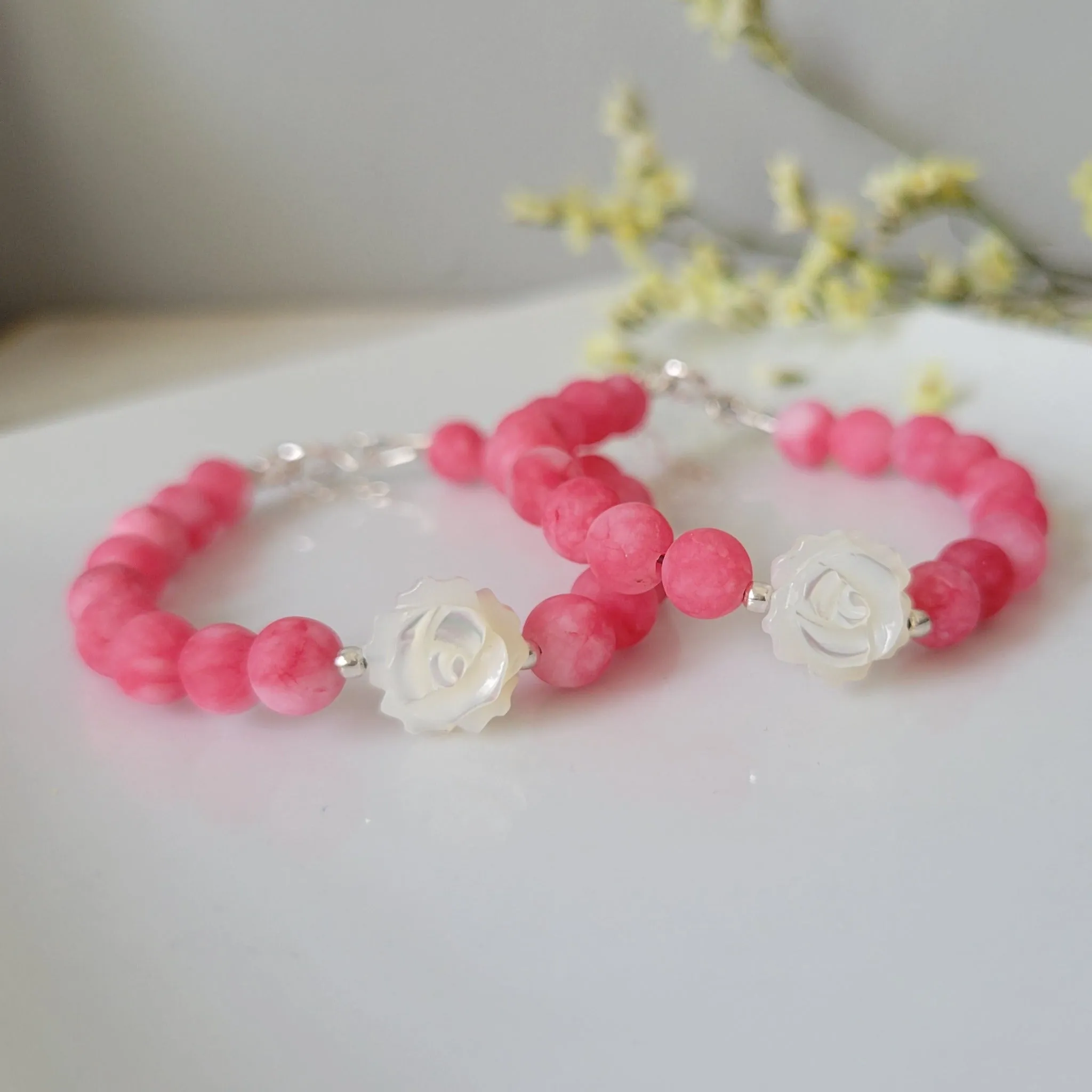 Rose Flower Natural Stone Bead Bracelet - 1 Bracelet - Multiple Color Choices