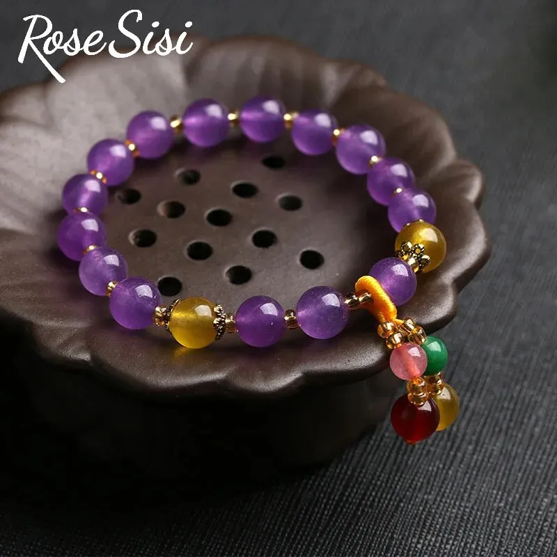 Rose sisi Chinese style classical bead bracelet for women amethyst glass bracelets round bead single circle elastic jewelry gift