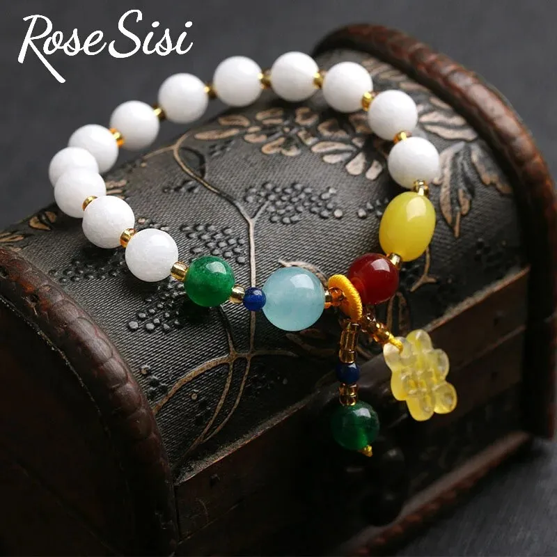 Rose sisi Chinese style classical bead bracelet for women amethyst glass bracelets round bead single circle elastic jewelry gift