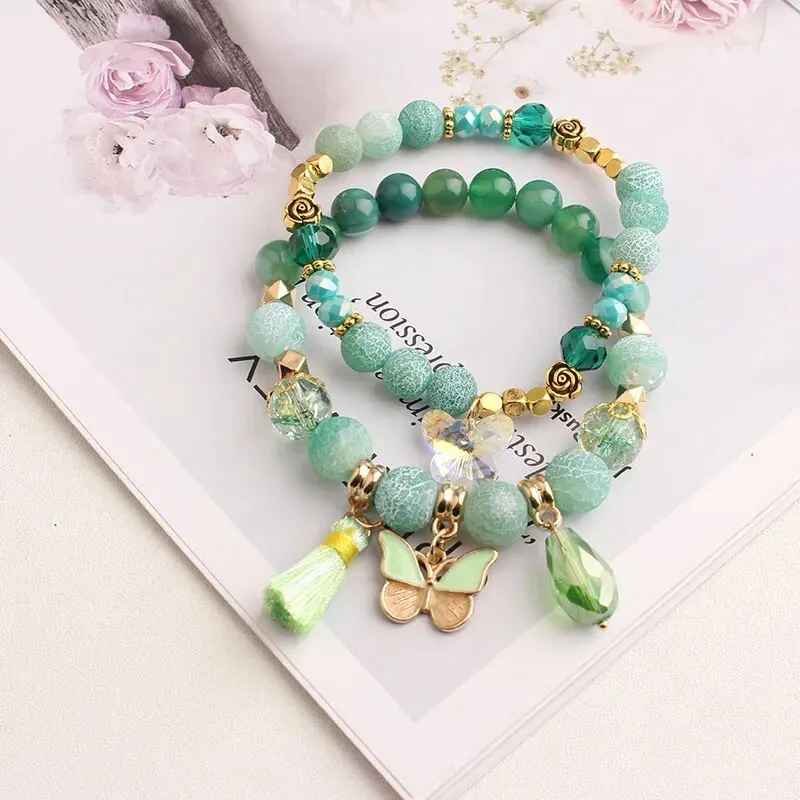 Rose sisi European and American style fashion stone bracelet for women elastic bracelet butterfly pendant jewelry for women gift