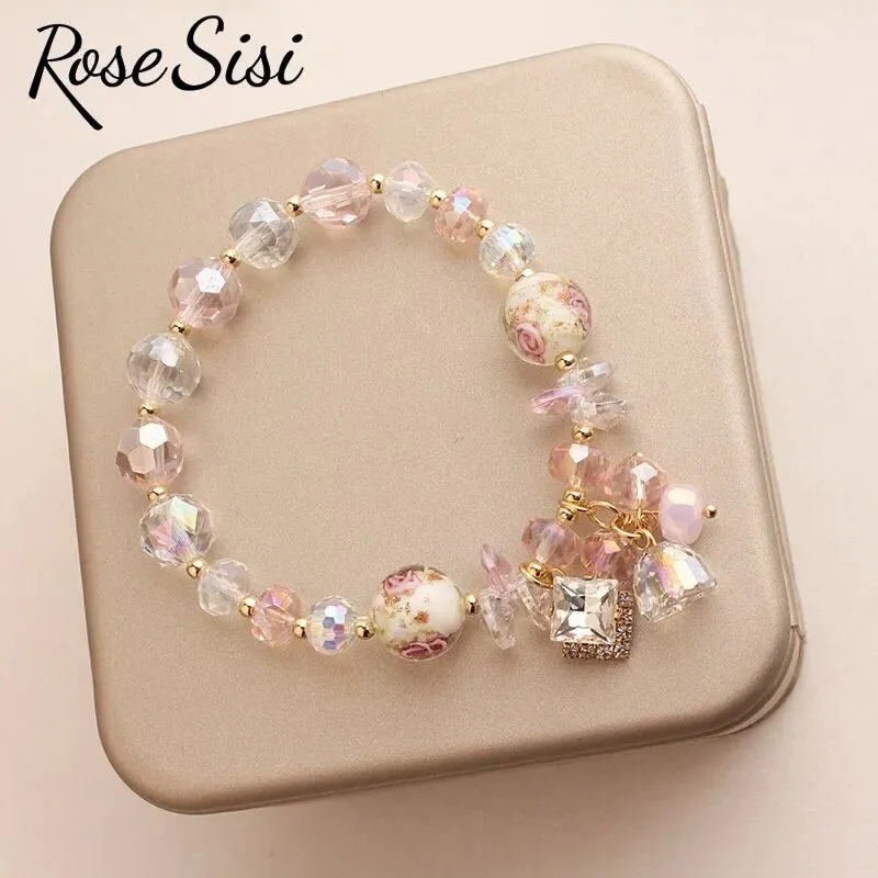 Rose sisi Japanese and Korean lovely colorful crystal bracelet for women charm bracelets Square pendant Woman jewelry for woman