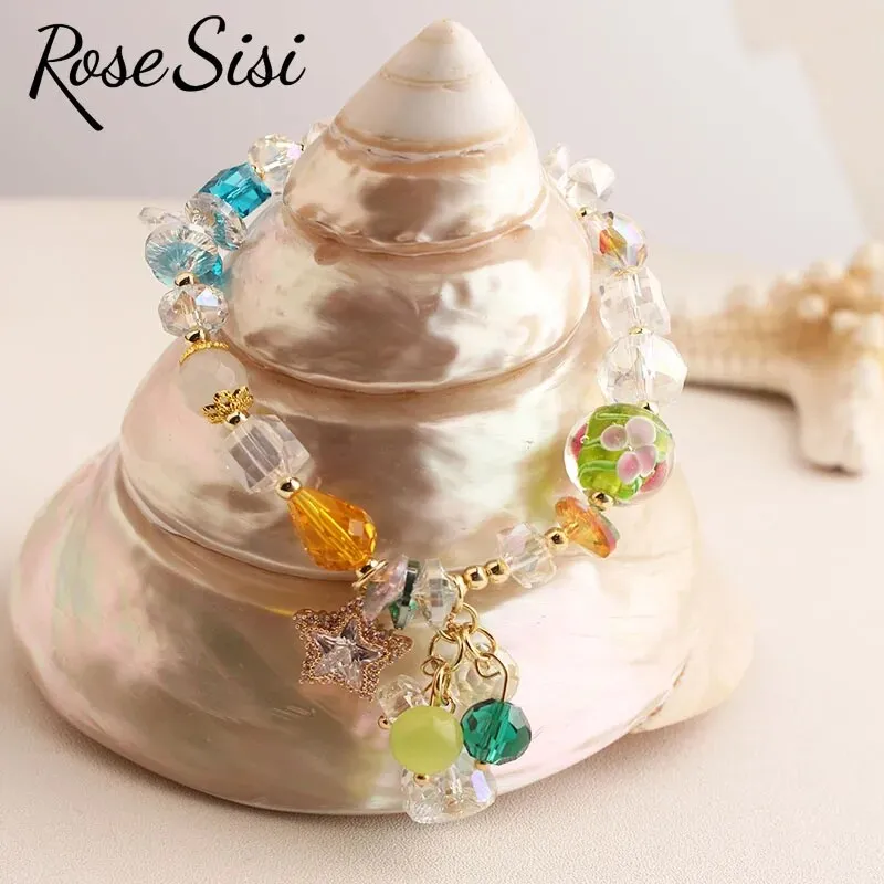 Rose sisi Japanese and Korean lovely colorful crystal bracelet for women charm bracelets Square pendant Woman jewelry for woman