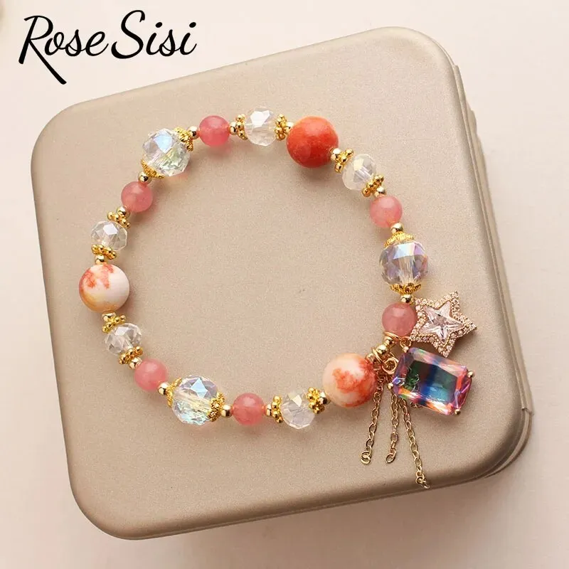 Rose sisi Japanese and Korean lovely colorful crystal bracelet for women charm bracelets Square pendant Woman jewelry for woman