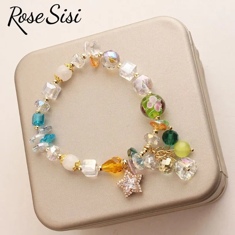 Rose sisi Japanese and Korean lovely colorful crystal bracelet for women charm bracelets Square pendant Woman jewelry for woman