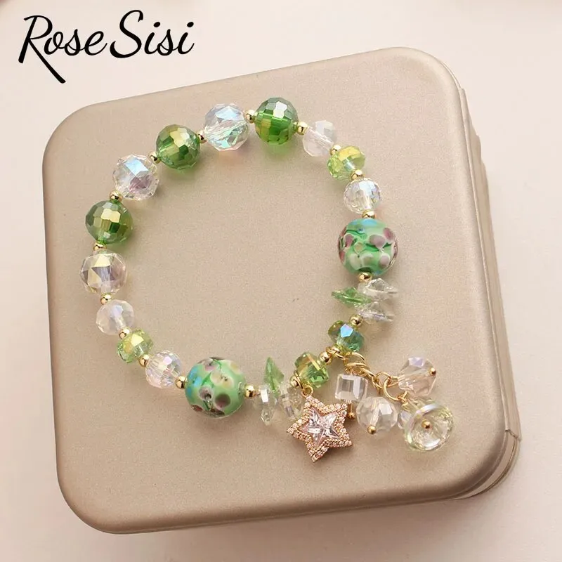 Rose sisi Japanese and Korean lovely colorful crystal bracelet for women charm bracelets Square pendant Woman jewelry for woman