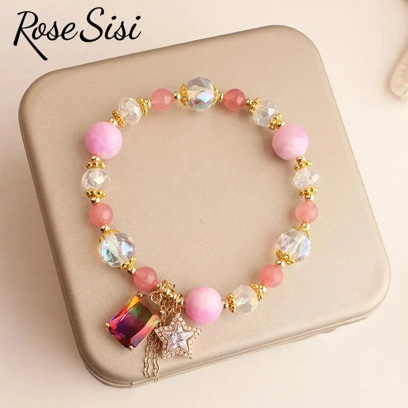 Rose sisi Japanese and Korean lovely colorful crystal bracelet for women charm bracelets Square pendant Woman jewelry for woman