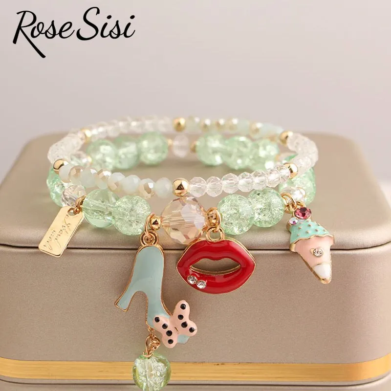 Rose sisi Korean Style fresh lovely fashion crystal burst beads bracelet for women Elastic rope cherry pendant gift for girls