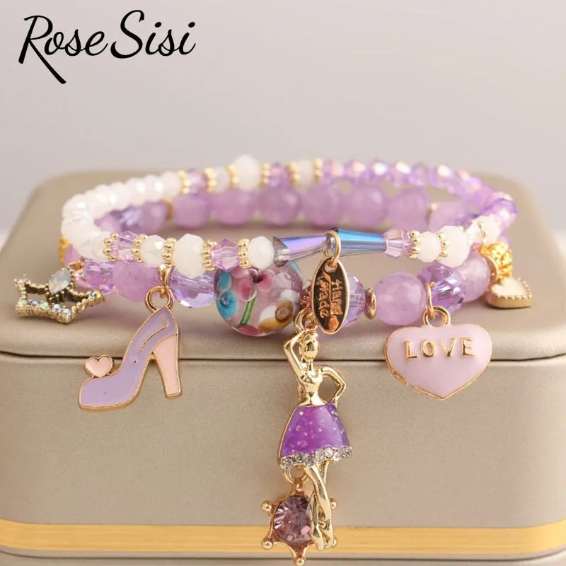 Rose sisi Korean Style fresh lovely fashion crystal burst beads bracelet for women Elastic rope cherry pendant gift for girls