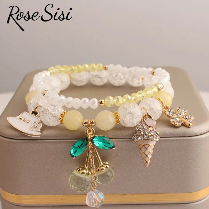 Rose sisi Korean Style fresh lovely fashion crystal burst beads bracelet for women Elastic rope cherry pendant gift for girls