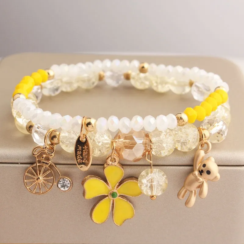 Rose sisi Korean Style fresh lovely fashion crystal burst beads bracelet for women Elastic rope cherry pendant gift for girls