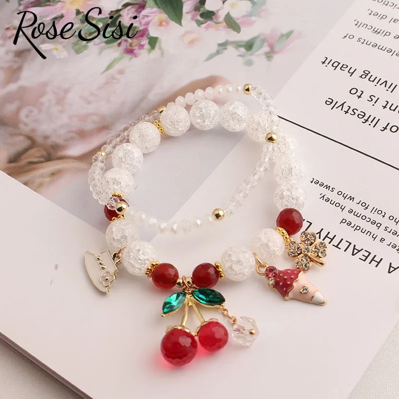 Rose sisi Korean Style fresh lovely fashion crystal burst beads bracelet for women Elastic rope cherry pendant gift for girls