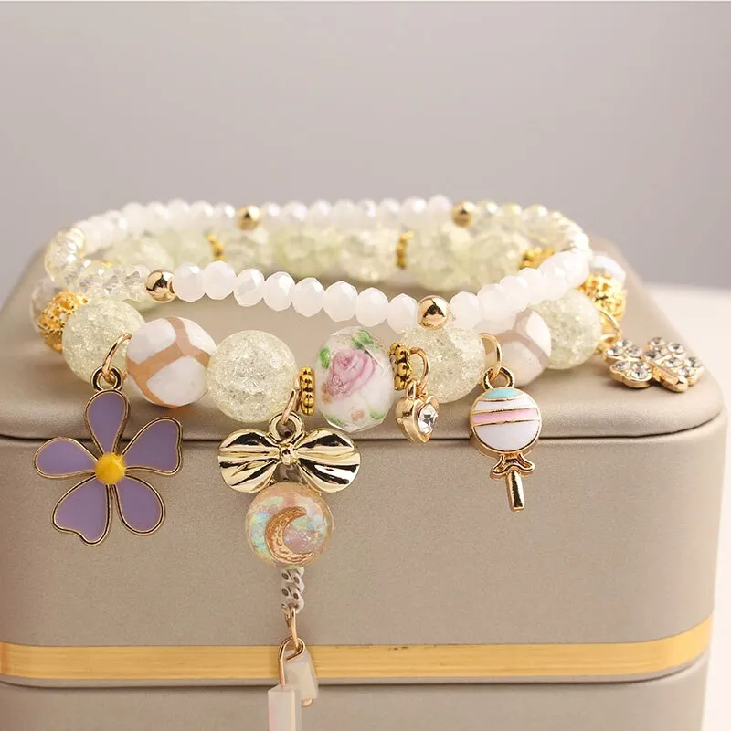 Rose sisi Korean Style fresh lovely fashion crystal burst beads bracelet for women Elastic rope cherry pendant gift for girls