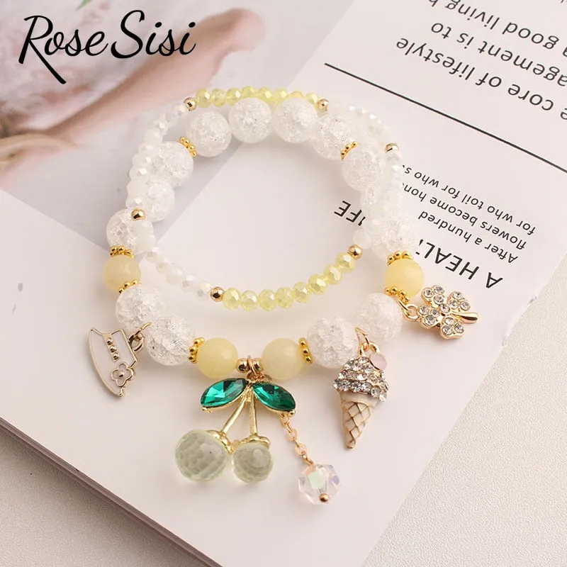 Rose sisi Korean Style fresh lovely fashion crystal burst beads bracelet for women Elastic rope cherry pendant gift for girls