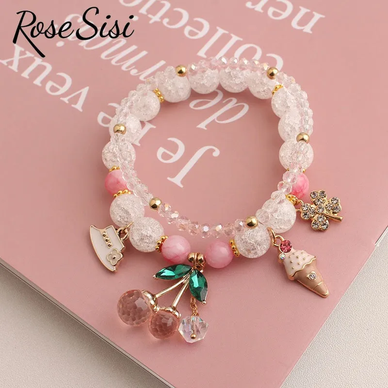 Rose sisi Korean Style fresh lovely fashion crystal burst beads bracelet for women Elastic rope cherry pendant gift for girls