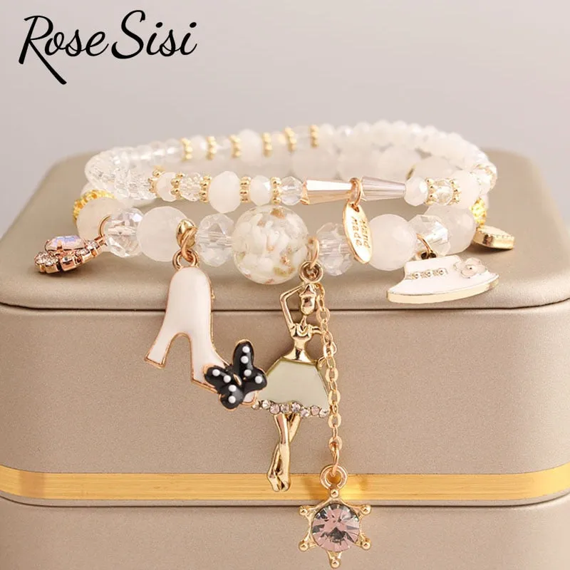 Rose sisi Korean Style fresh lovely fashion crystal burst beads bracelet for women Elastic rope cherry pendant gift for girls