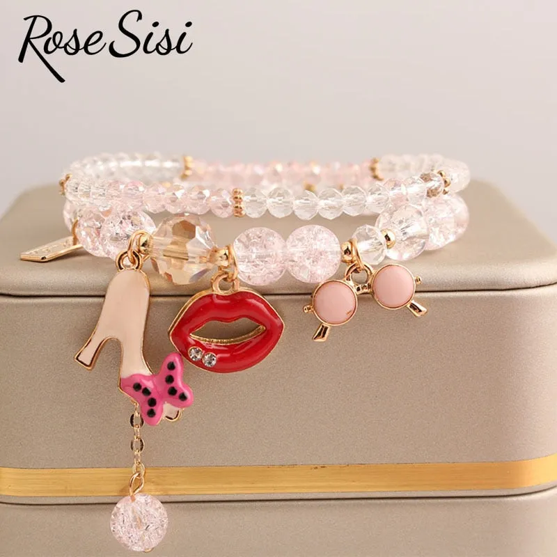 Rose sisi Korean Style fresh lovely fashion crystal burst beads bracelet for women Elastic rope cherry pendant gift for girls