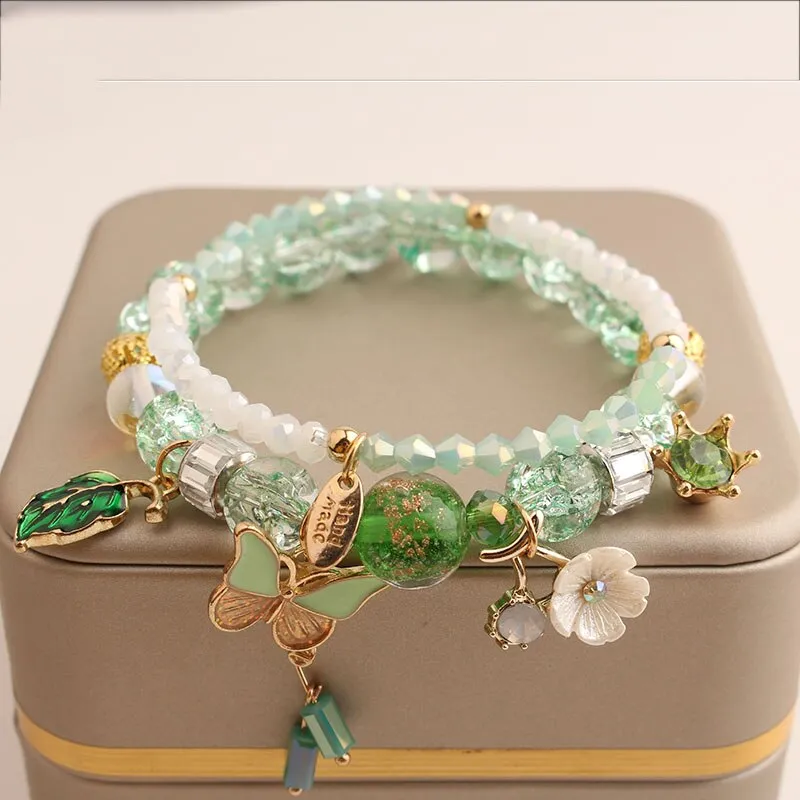 Rose sisi Korean Style fresh lovely fashion crystal burst beads bracelet for women Elastic rope cherry pendant gift for girls