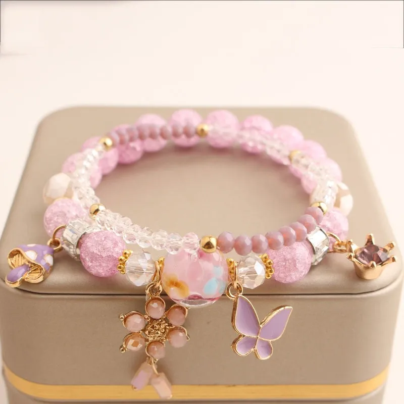 Rose sisi Korean Style fresh lovely fashion crystal burst beads bracelet for women Elastic rope cherry pendant gift for girls