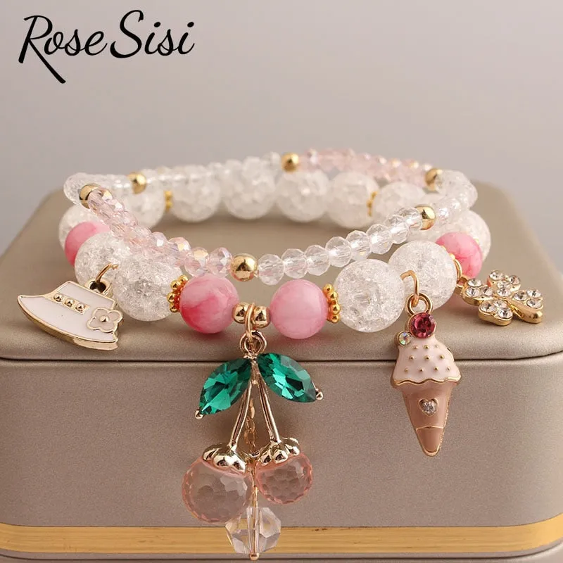 Rose sisi Korean Style fresh lovely fashion crystal burst beads bracelet for women Elastic rope cherry pendant gift for girls