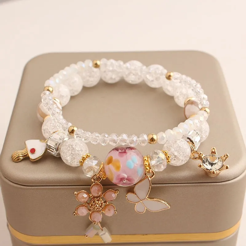 Rose sisi Korean Style fresh lovely fashion crystal burst beads bracelet for women Elastic rope cherry pendant gift for girls
