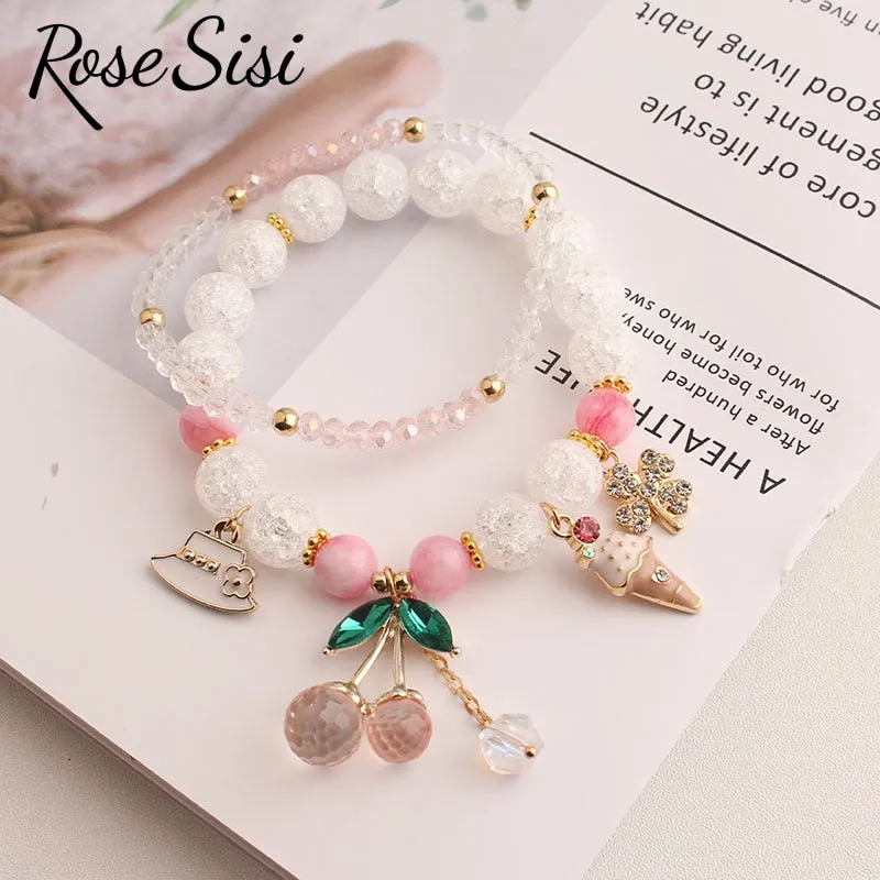 Rose sisi Korean Style fresh lovely fashion crystal burst beads bracelet for women Elastic rope cherry pendant gift for girls