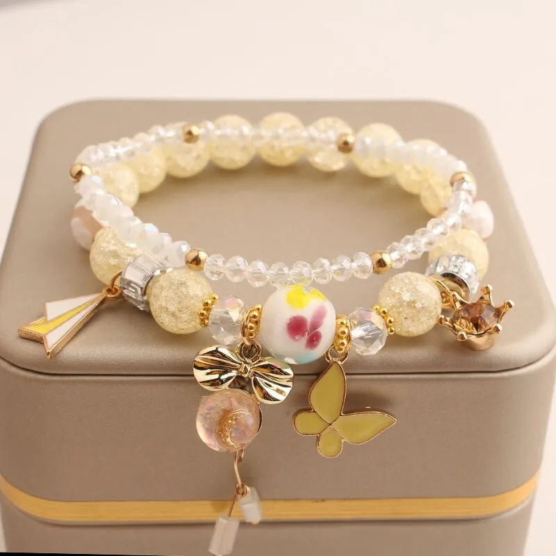Rose sisi Korean Style fresh lovely fashion crystal burst beads bracelet for women Elastic rope cherry pendant gift for girls