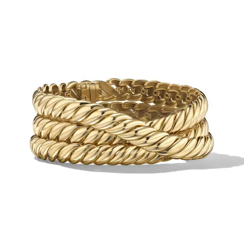 Sculpted Cable Triple Wrap Bracelet in 18K Yellow Gold, 8.5mm, Size Medium