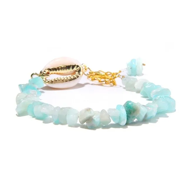 Semiprecious Aquamarines Chip Stone Bracelets Women Hawaii Style Sea Beach Gold Shell Pendant Bangle Blue Pulsera For Women