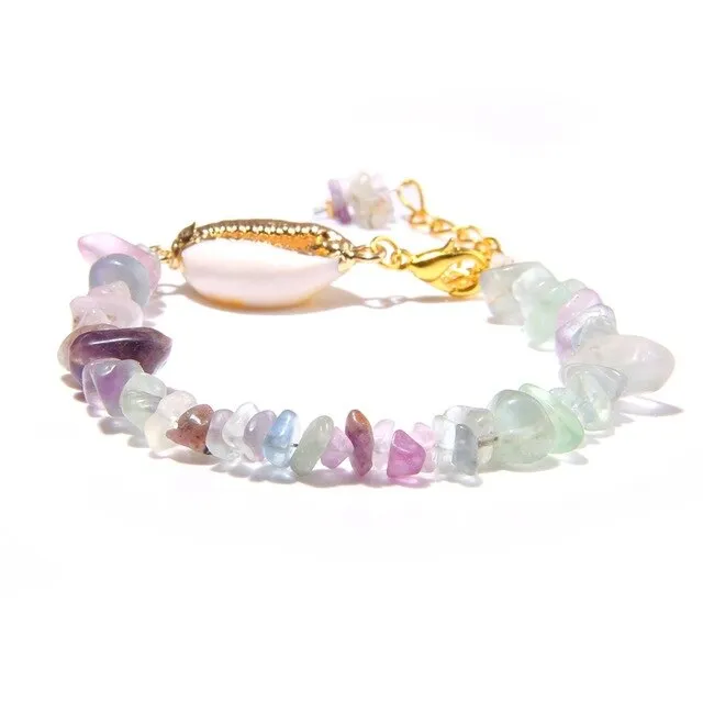 Semiprecious Aquamarines Chip Stone Bracelets Women Hawaii Style Sea Beach Gold Shell Pendant Bangle Blue Pulsera For Women