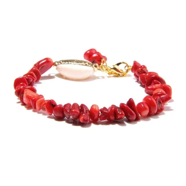 Semiprecious Aquamarines Chip Stone Bracelets Women Hawaii Style Sea Beach Gold Shell Pendant Bangle Blue Pulsera For Women