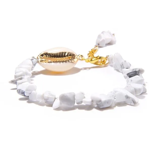 Semiprecious Aquamarines Chip Stone Bracelets Women Hawaii Style Sea Beach Gold Shell Pendant Bangle Blue Pulsera For Women
