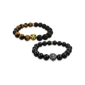 Set of 2 Lion Face Onyx Tiger Eye & Lava Rock Bead Stretch Bracelet Gold Plated