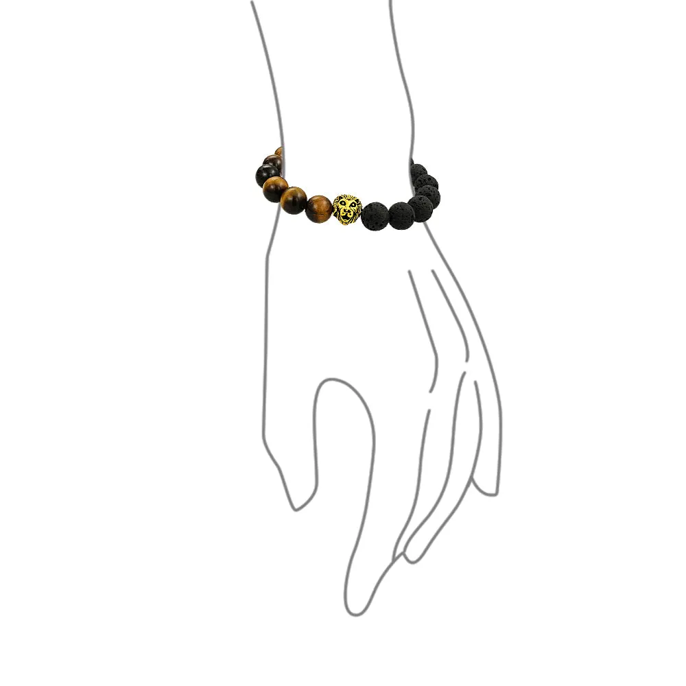 Set of 2 Lion Face Onyx Tiger Eye & Lava Rock Bead Stretch Bracelet Gold Plated