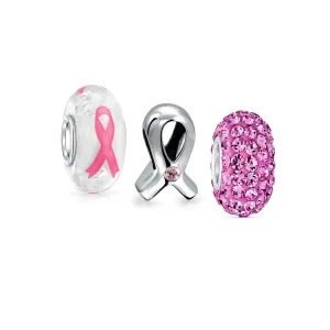Set of 3 Pink Ribbon Breast Cancer Survivor CZ Glass Crystal Spacer Charm Bead