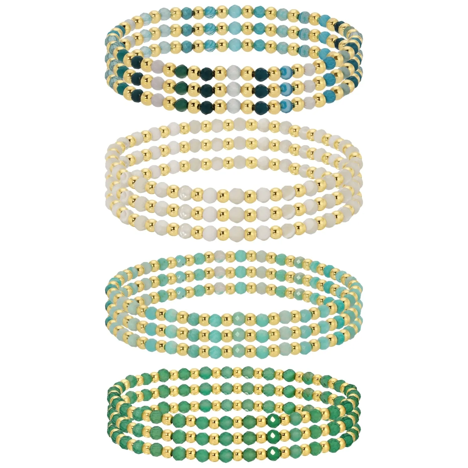 Set/12 3mm Assorted stretch beaded bracelets alternating stones