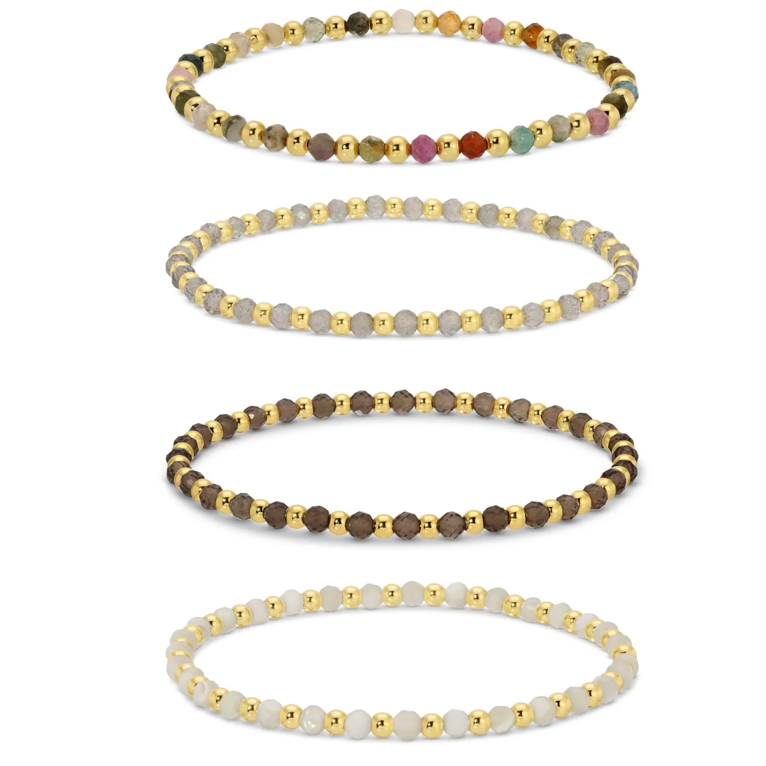 Set/12 3mm Assorted stretch beaded bracelets alternating stones