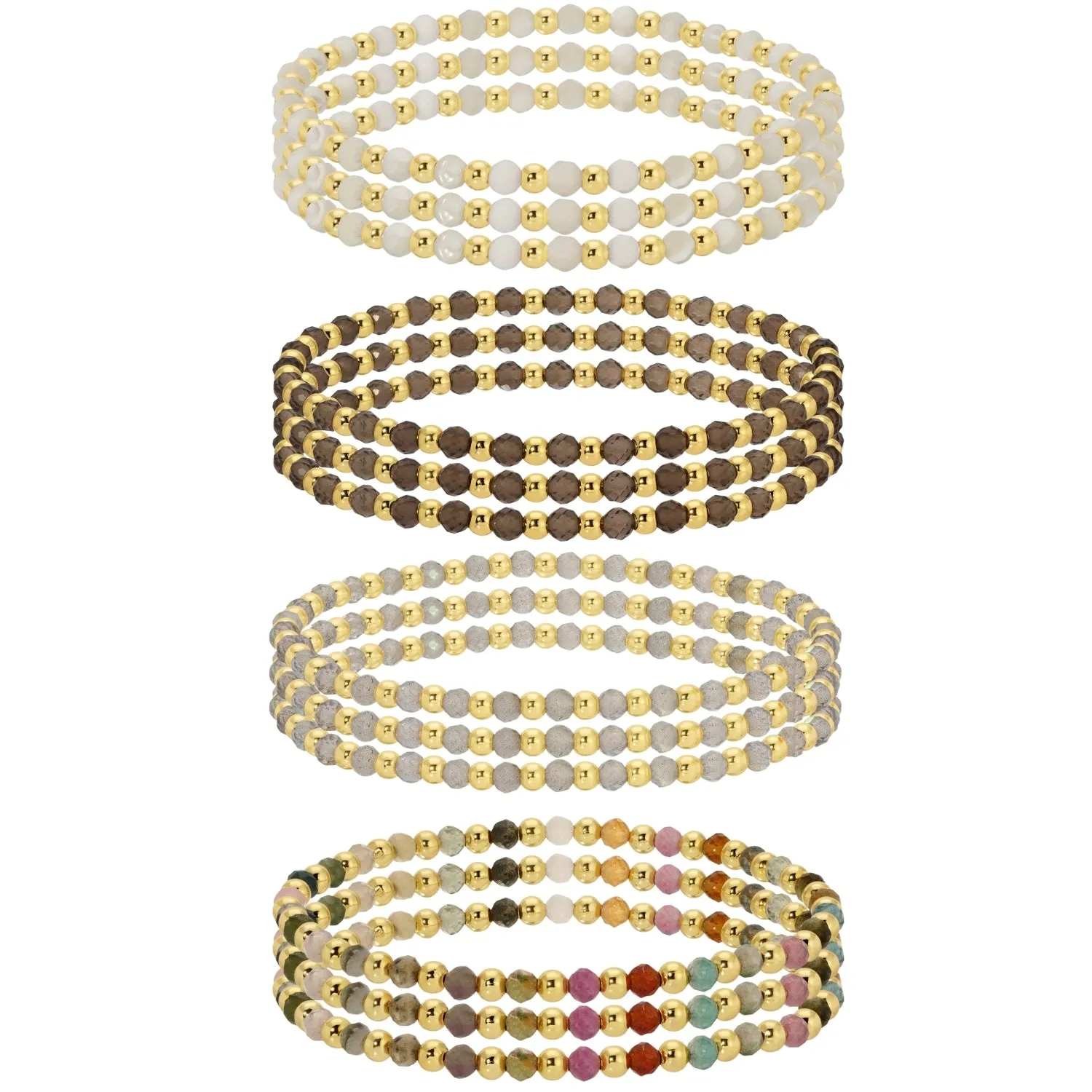 Set/12 3mm Assorted stretch beaded bracelets alternating stones