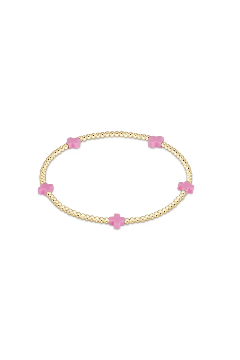 Signature Cross Small Gold Pattern 2mm Bead Bracelet - Bright Pink
