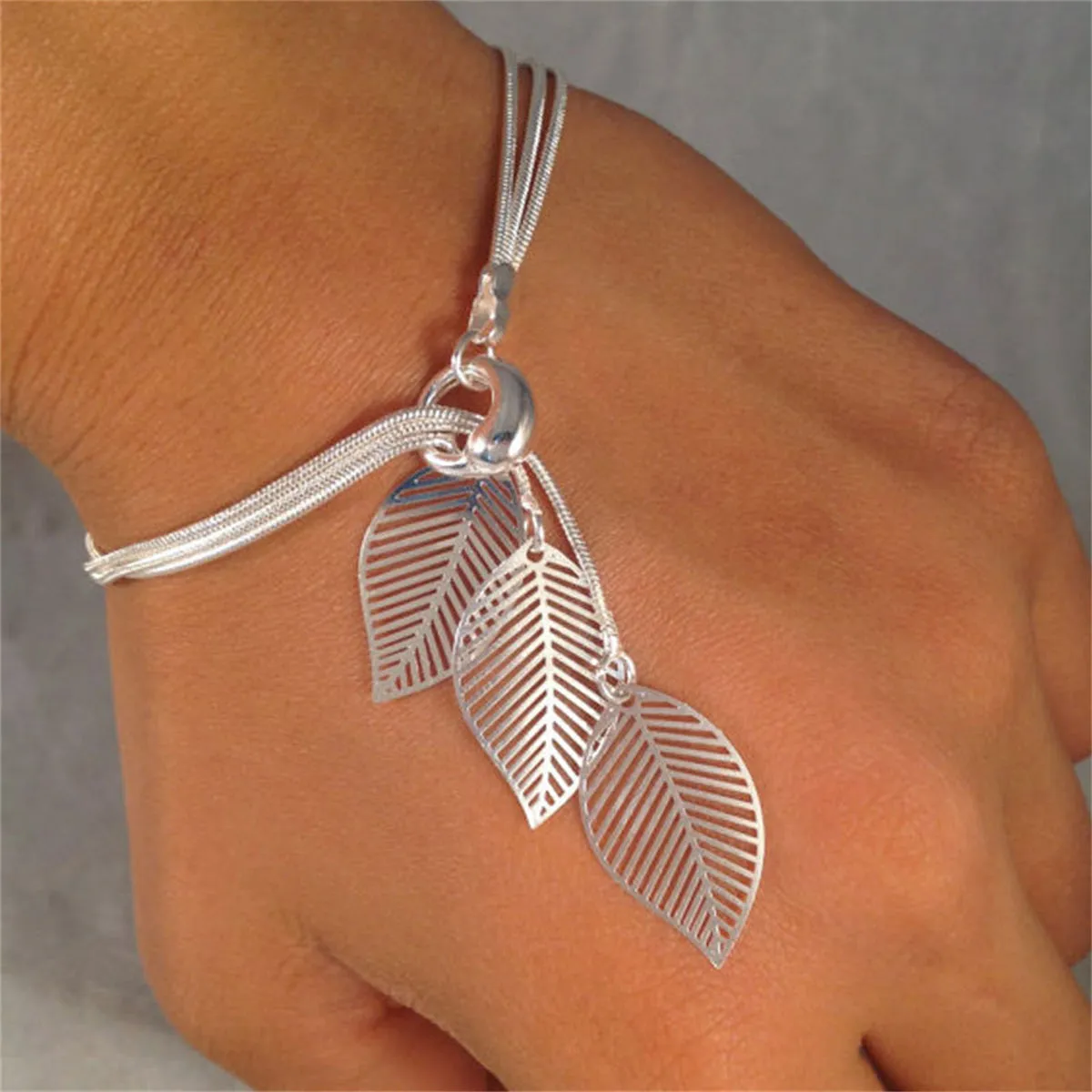Silver-Plated Leaves Strand Charm Bracelet